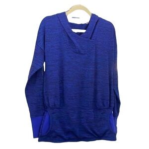 Athleta Heathered Blue Hooded Top Kangaroo Pocket Cross Neck Drop Waist Size S